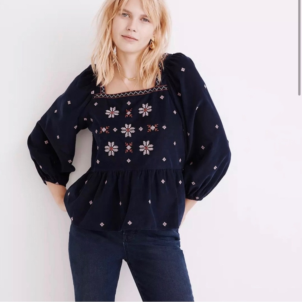 Madewell embroidered corduroy button-back peplum top large. Gently used